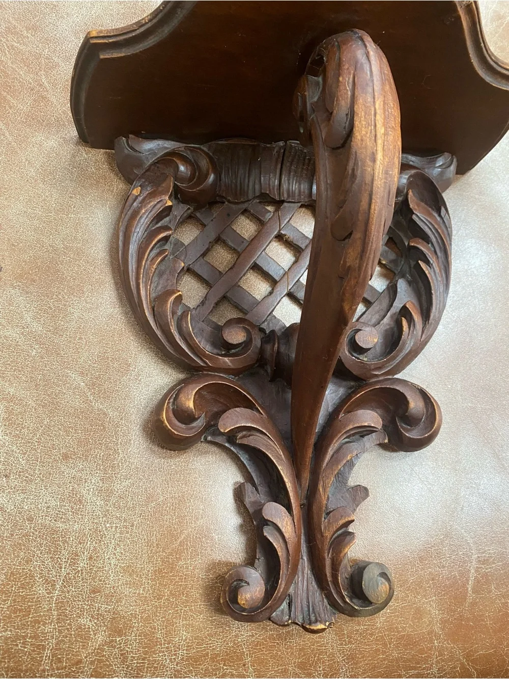 Vintage Hand-Carved Wooden Wall Bracket Shelf scroll detail
